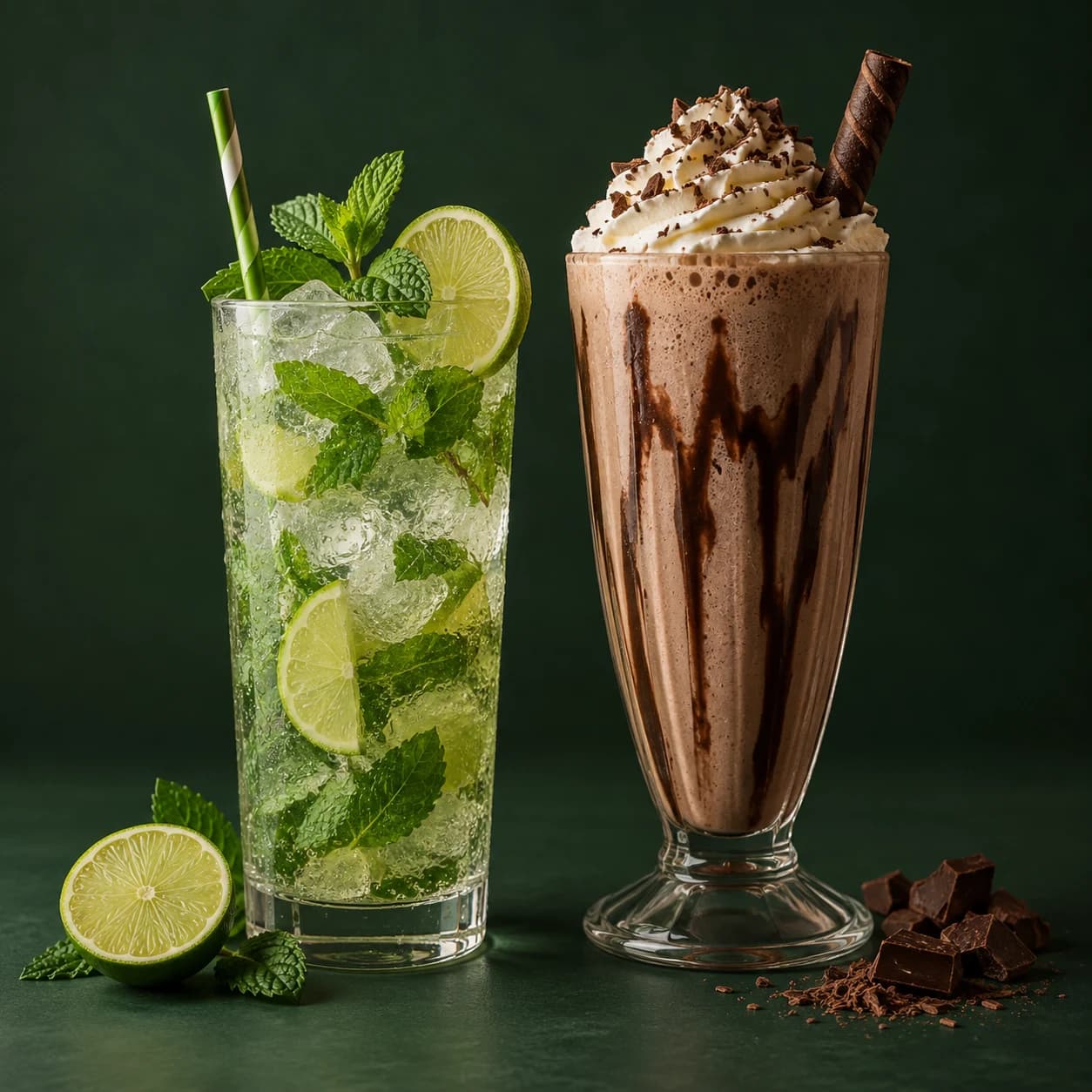Illustrative mint mojito and chocolate milkshake